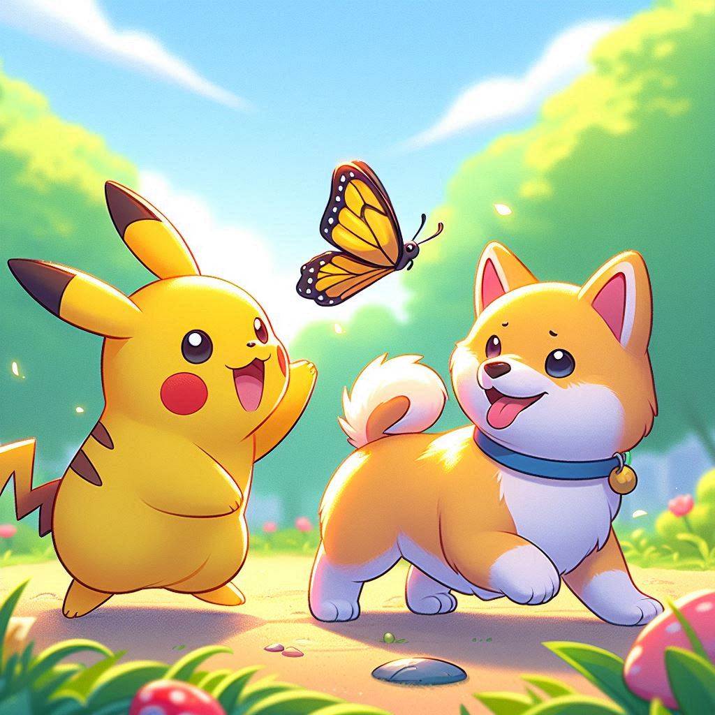 Pikachu and Shiba explore the forest